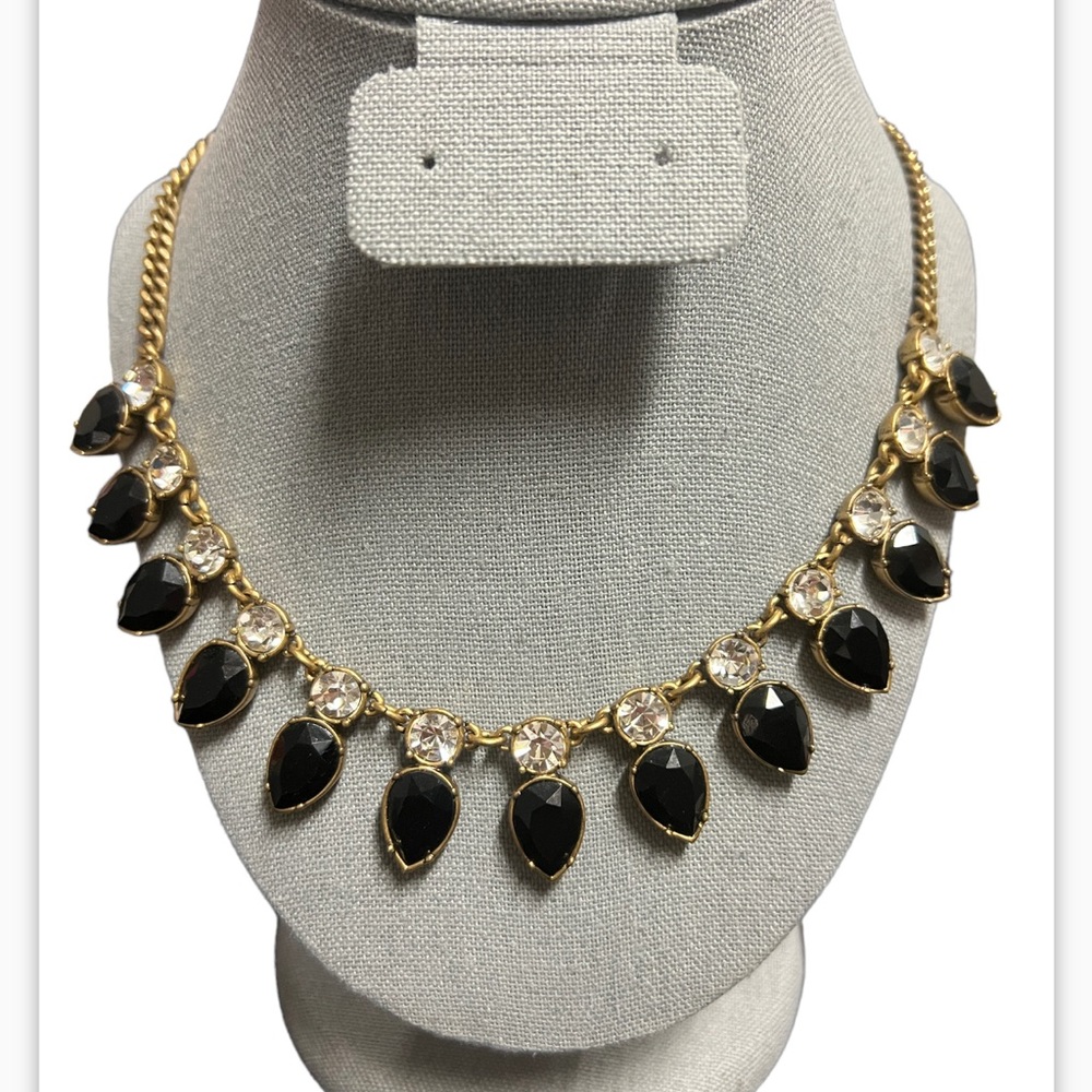 J. Crew black and crystal tear drop statement necklace with gold tone chain